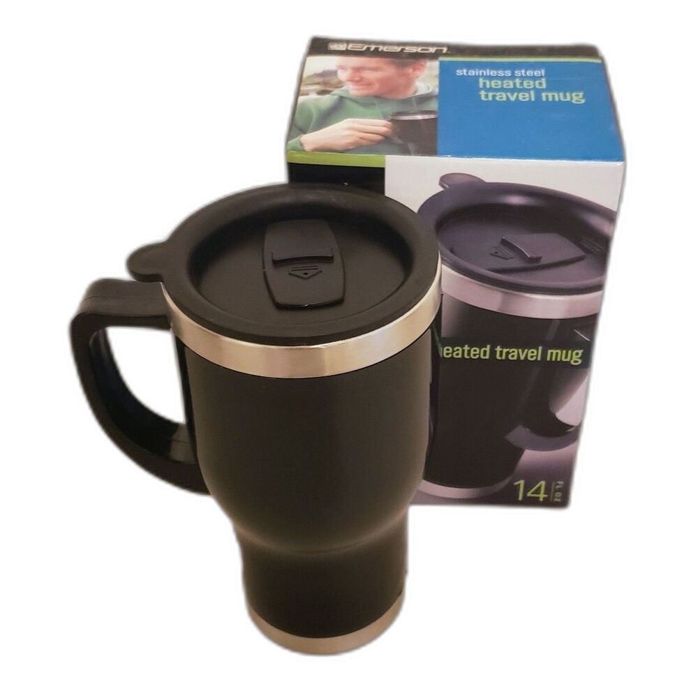 Emerson New Stainless Steel Heated Travel Mug Black & Chrome 14 Fl Oz